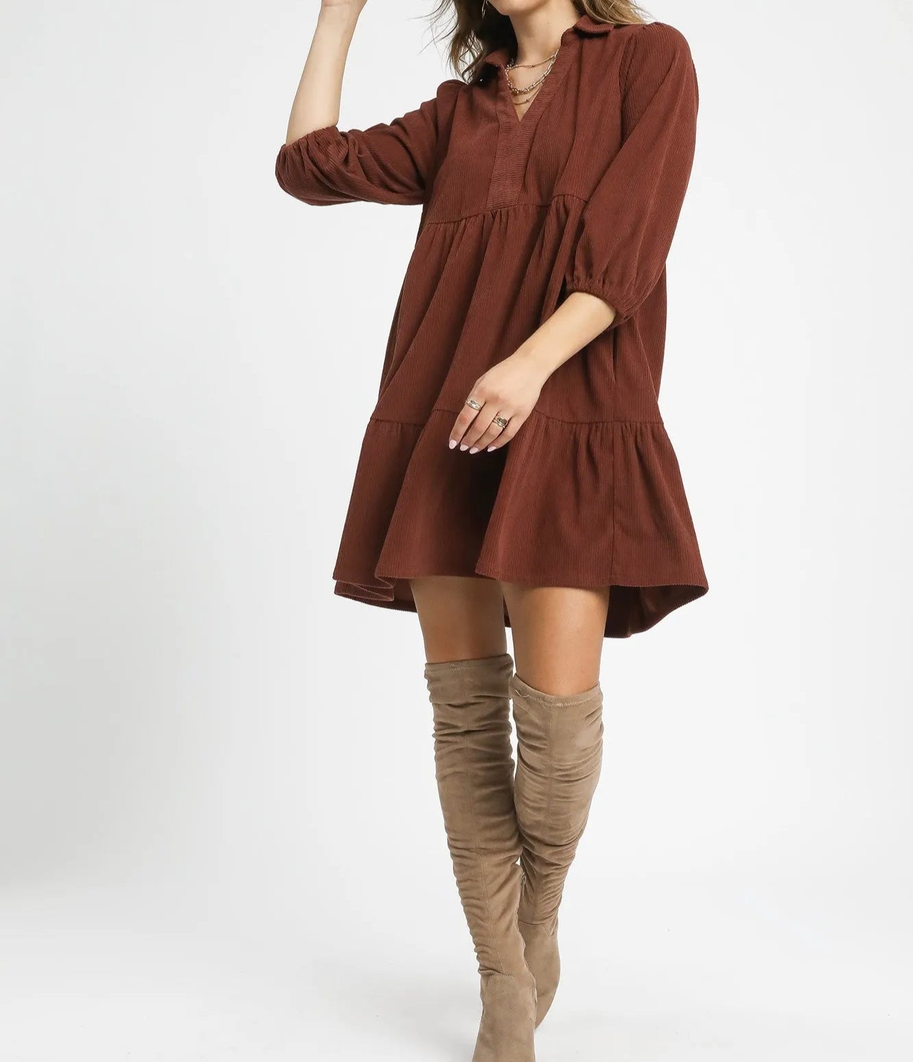 Umgee Tiered Corduroy Mini Dress with Balloon Sleeves-dresses-Krush Kandy, Women's Online Fashion Boutique Located in Phoenix, Arizona (Scottsdale Area)