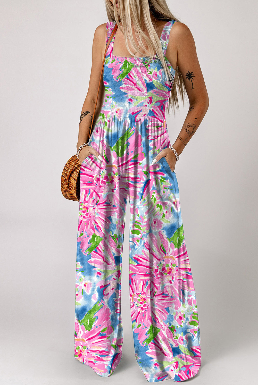 Floral Smocked Square Neck Jumpsuit with Pockets-Krush Kandy, Women's Online Fashion Boutique Located in Phoenix, Arizona (Scottsdale Area)