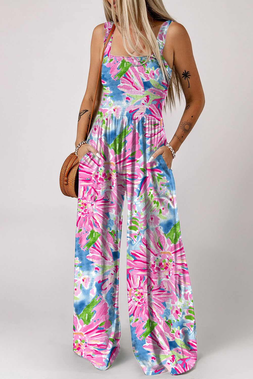 Floral Smocked Square Neck Jumpsuit with Pockets-Jumpsuits & Rompers-Krush Kandy, Women's Online Fashion Boutique Located in Phoenix, Arizona (Scottsdale Area)