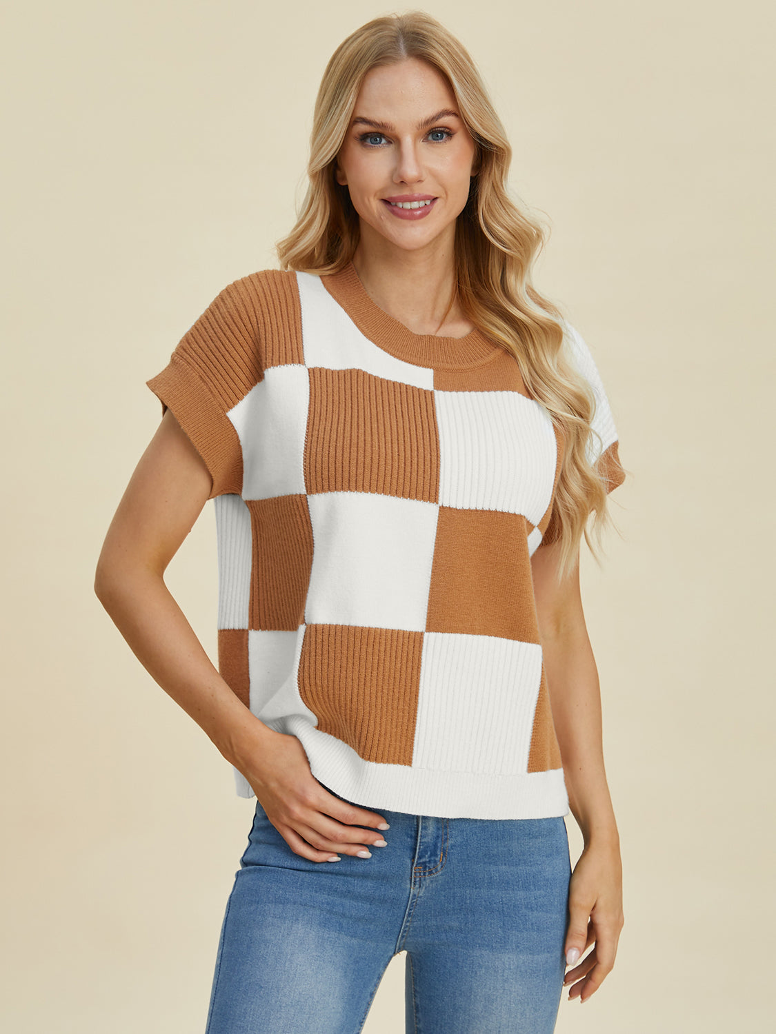 Double Take Full Size Checkered Round Neck Short Sleeve Sweater-Tops-Krush Kandy, Women's Online Fashion Boutique Located in Phoenix, Arizona (Scottsdale Area)