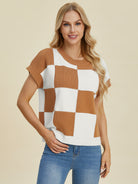 Double Take Full Size Checkered Round Neck Short Sleeve Sweater-Krush Kandy, Women's Online Fashion Boutique Located in Phoenix, Arizona (Scottsdale Area)