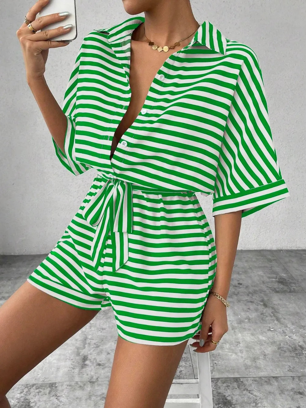 Tie Waist Half Button Striped Romper-Jumpsuits & Rompers-Krush Kandy, Women's Online Fashion Boutique Located in Phoenix, Arizona (Scottsdale Area)