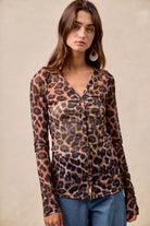 BiBi Leopard Printed Mesh Shirt With Button Up V Neck-Tops-Krush Kandy, Women's Online Fashion Boutique Located in Phoenix, Arizona (Scottsdale Area)