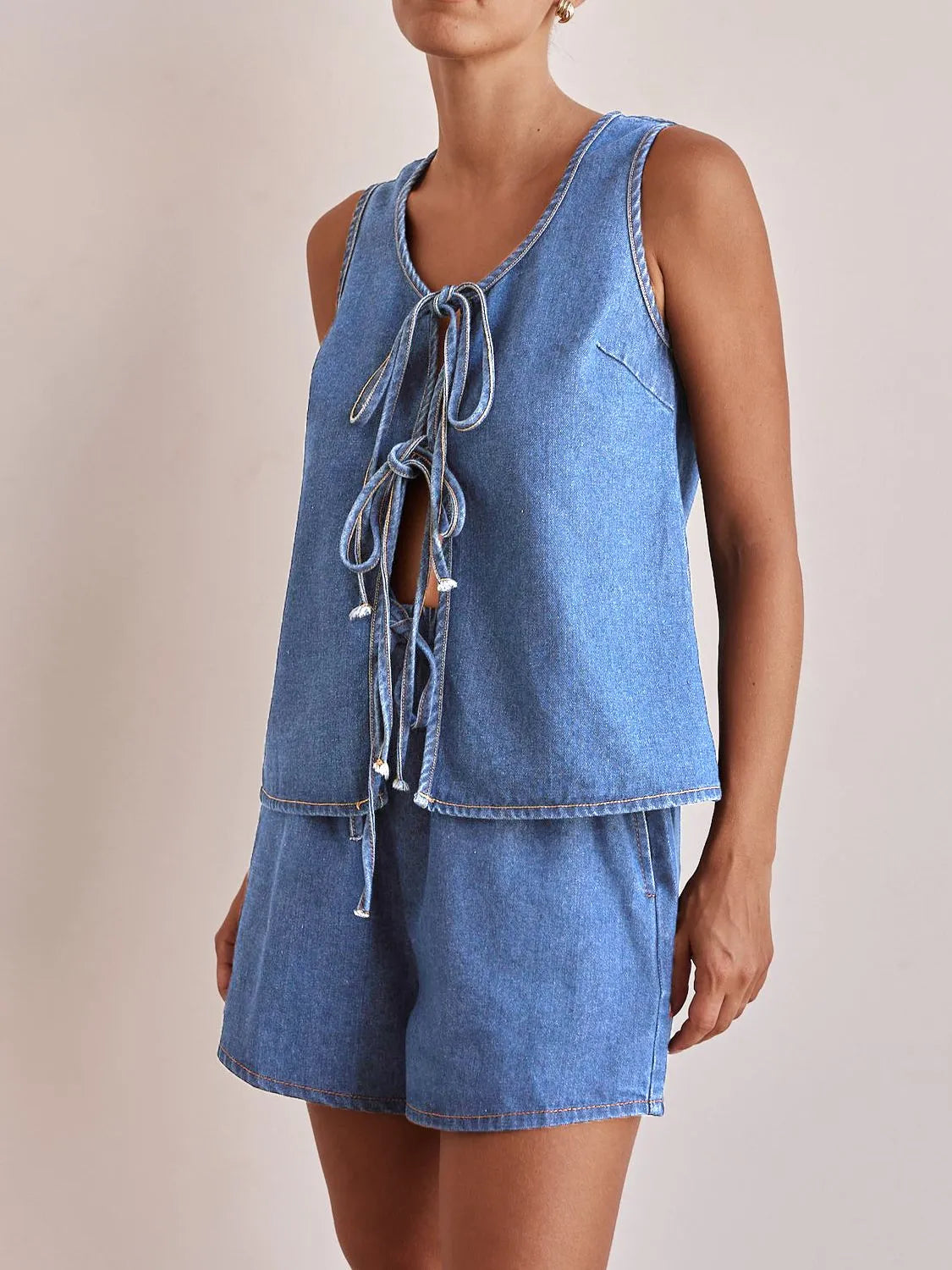 Denim Tie-Front Two-Piece Set-Tops-Krush Kandy, Women's Online Fashion Boutique Located in Phoenix, Arizona (Scottsdale Area)