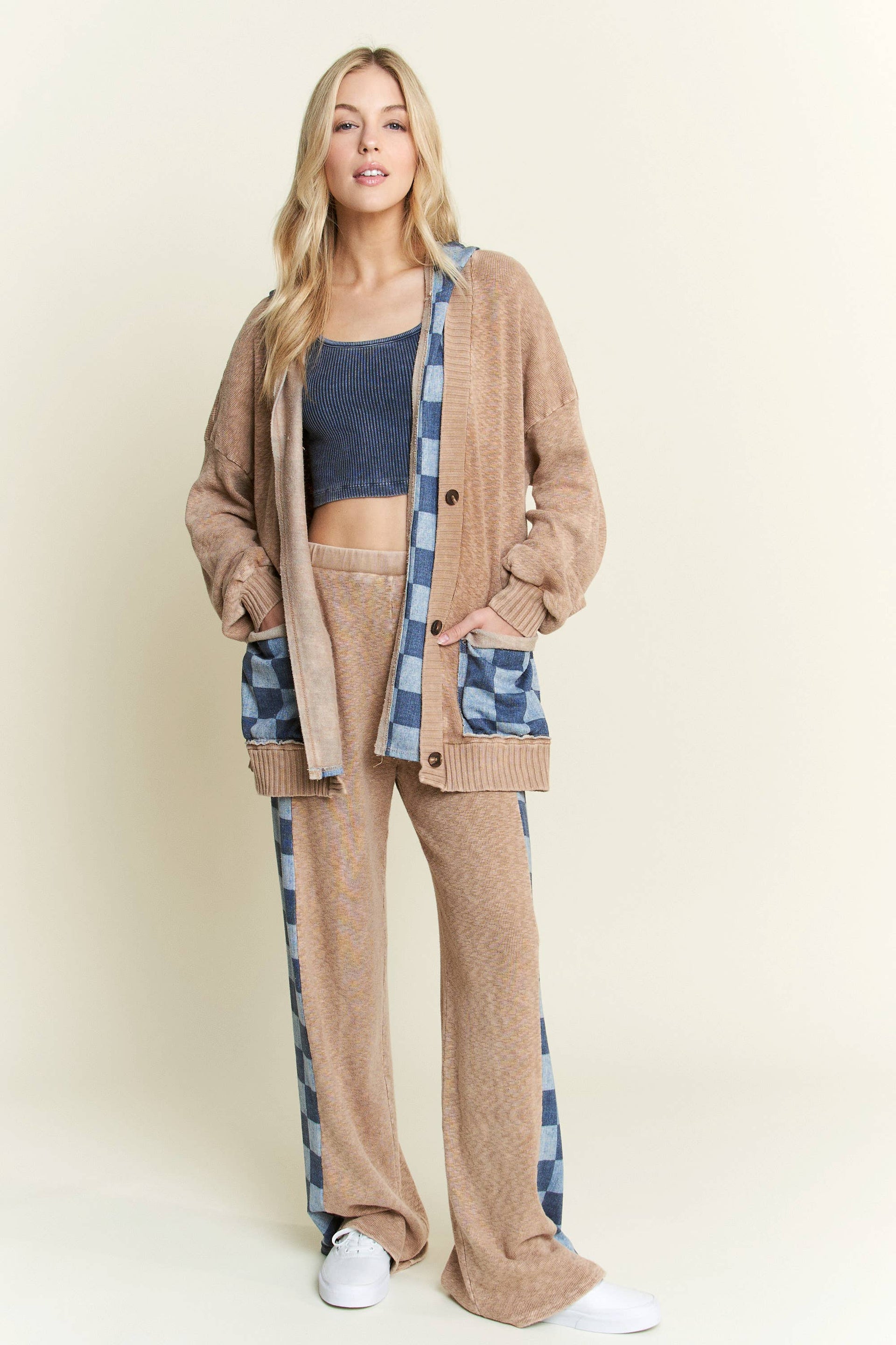 Mineral Wash Checkerboard Hoodie Sweater Cardigan-Jackets-Krush Kandy, Women's Online Fashion Boutique Located in Phoenix, Arizona (Scottsdale Area)