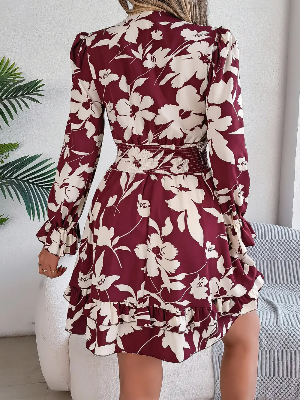 Tied Ruffled Printed Long Sleeve Dress-Krush Kandy, Women's Online Fashion Boutique Located in Phoenix, Arizona (Scottsdale Area)