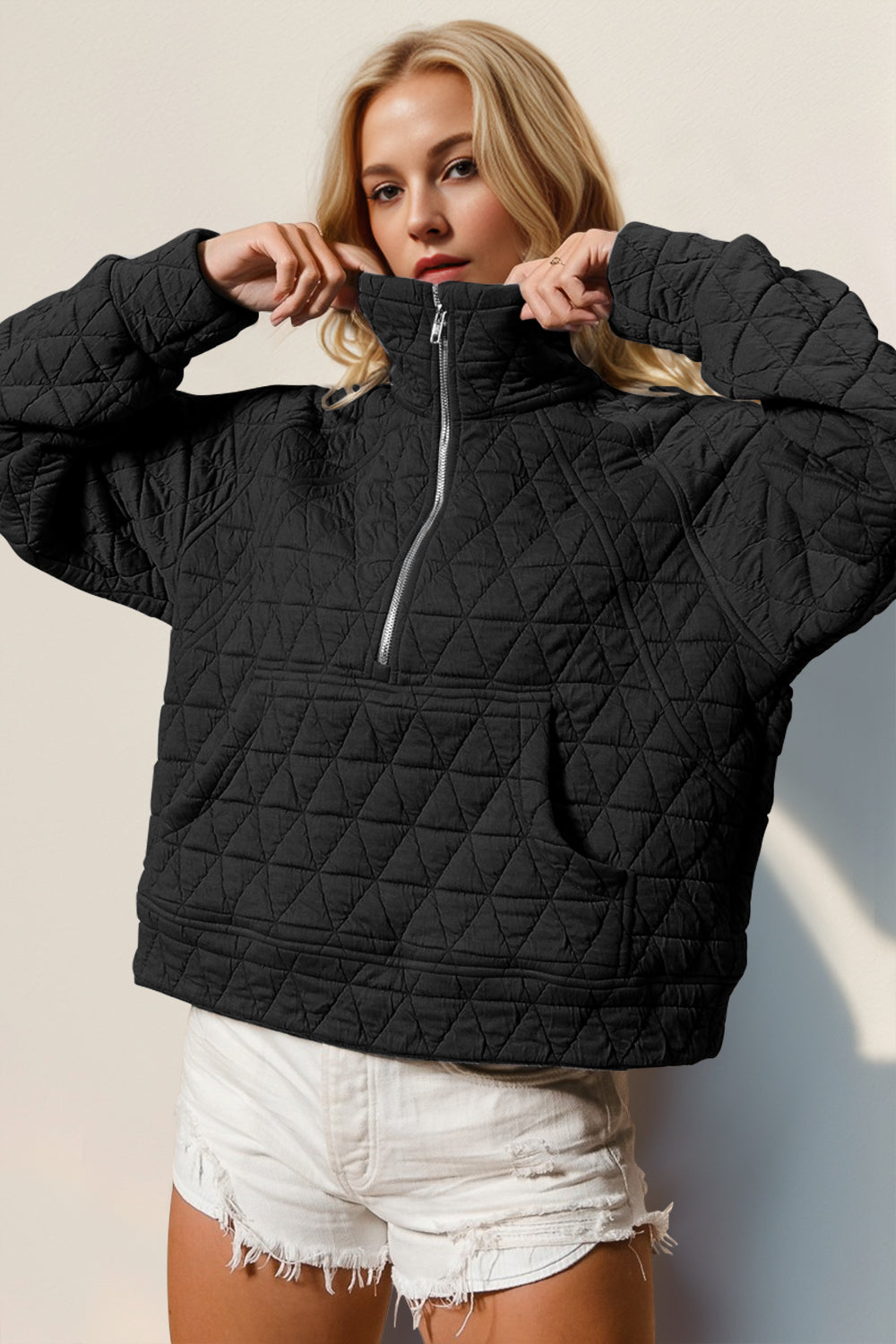 Half Zip Long Sleeve Quilted Sweatshirt with Pocket-Jackets-Krush Kandy, Women's Online Fashion Boutique Located in Phoenix, Arizona (Scottsdale Area)