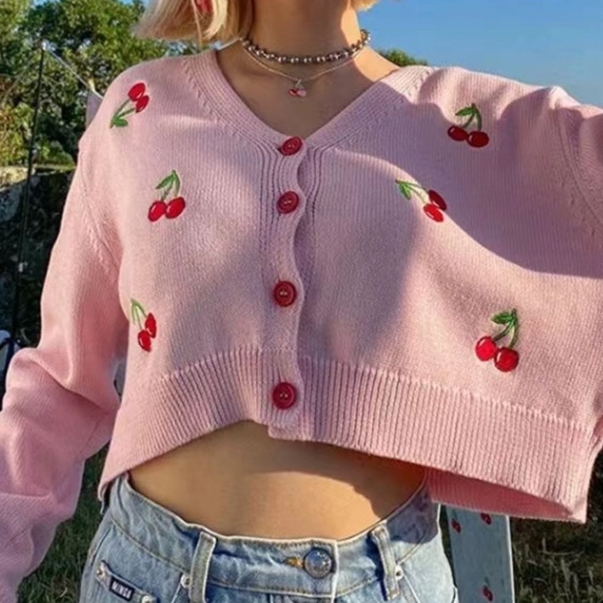 Cherry Button Down Cardigan-Tops-Krush Kandy, Women's Online Fashion Boutique Located in Phoenix, Arizona (Scottsdale Area)