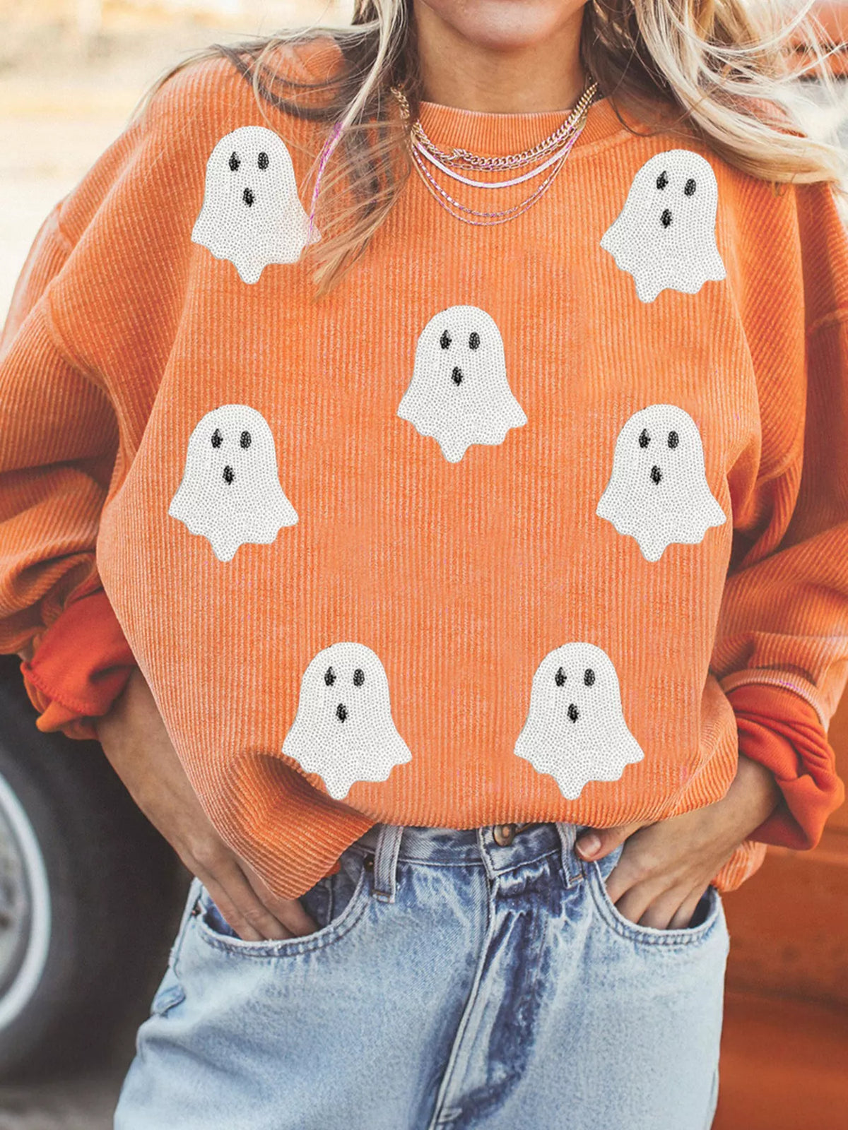 Halloween Ghost Sequin Patched Twisted Ribbed Texture Sweatshirt-Sweaters-Krush Kandy, Women's Online Fashion Boutique Located in Phoenix, Arizona (Scottsdale Area)