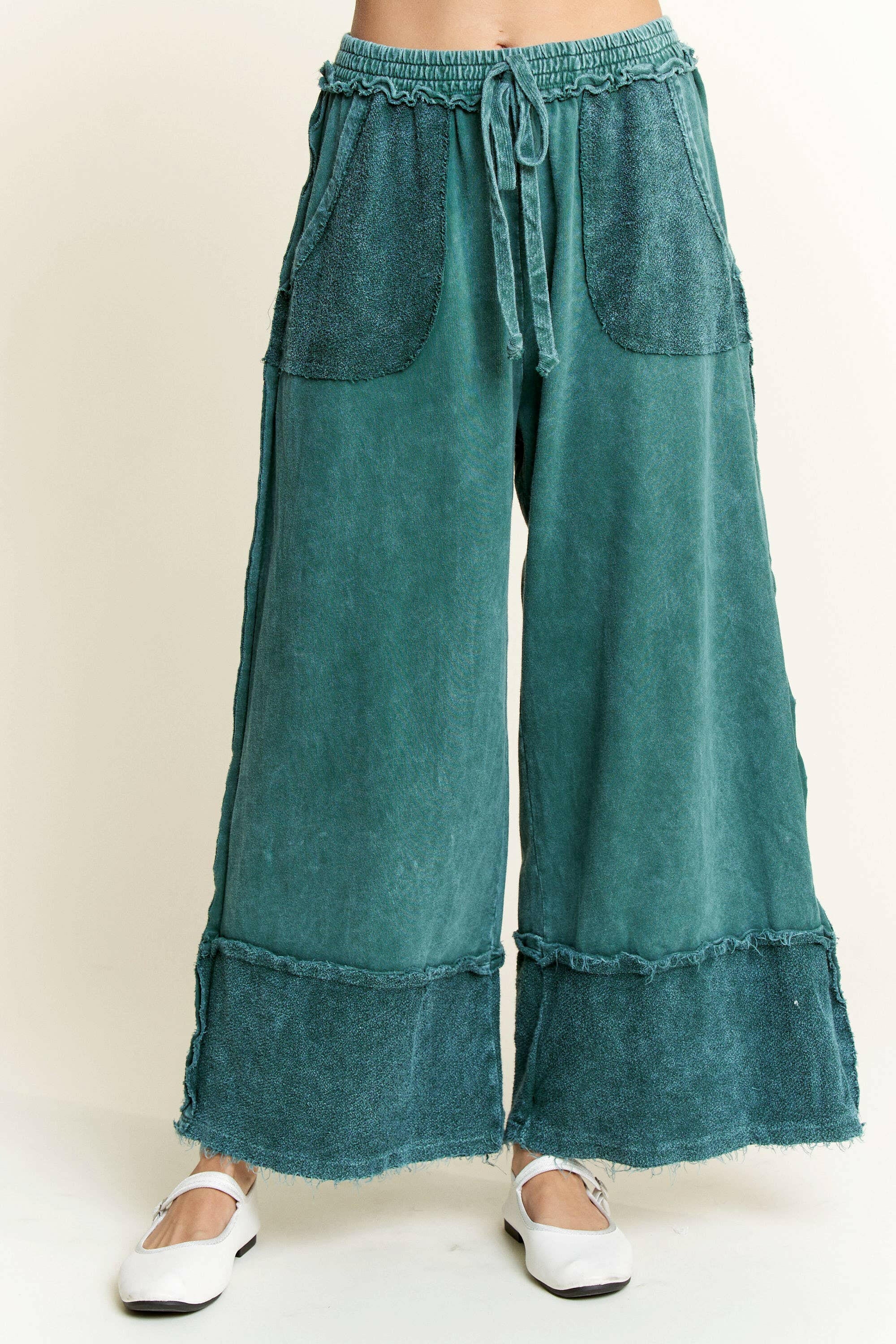 J.HER Mineral Wash Wide Pants with Raw Hem Frayed Details-Pants-Krush Kandy, Women's Online Fashion Boutique Located in Phoenix, Arizona (Scottsdale Area)