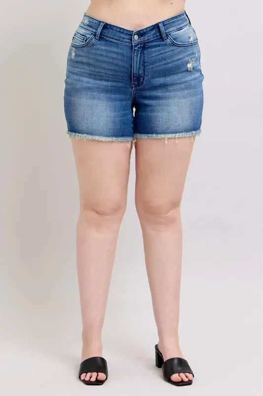 Judy Blue V-Front Shield Pocket Denim Shorts-Denim-Krush Kandy, Women's Online Fashion Boutique Located in Phoenix, Arizona (Scottsdale Area)