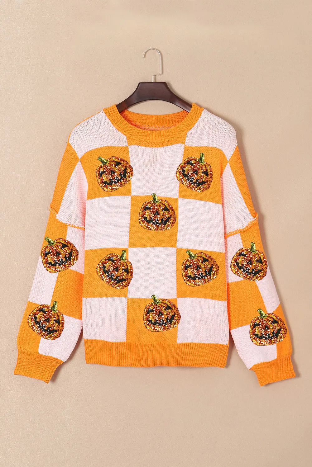 Pumpkin Checkered Round Neck Long Sleeve Sweater-Sweater-Krush Kandy, Women's Online Fashion Boutique Located in Phoenix, Arizona (Scottsdale Area)