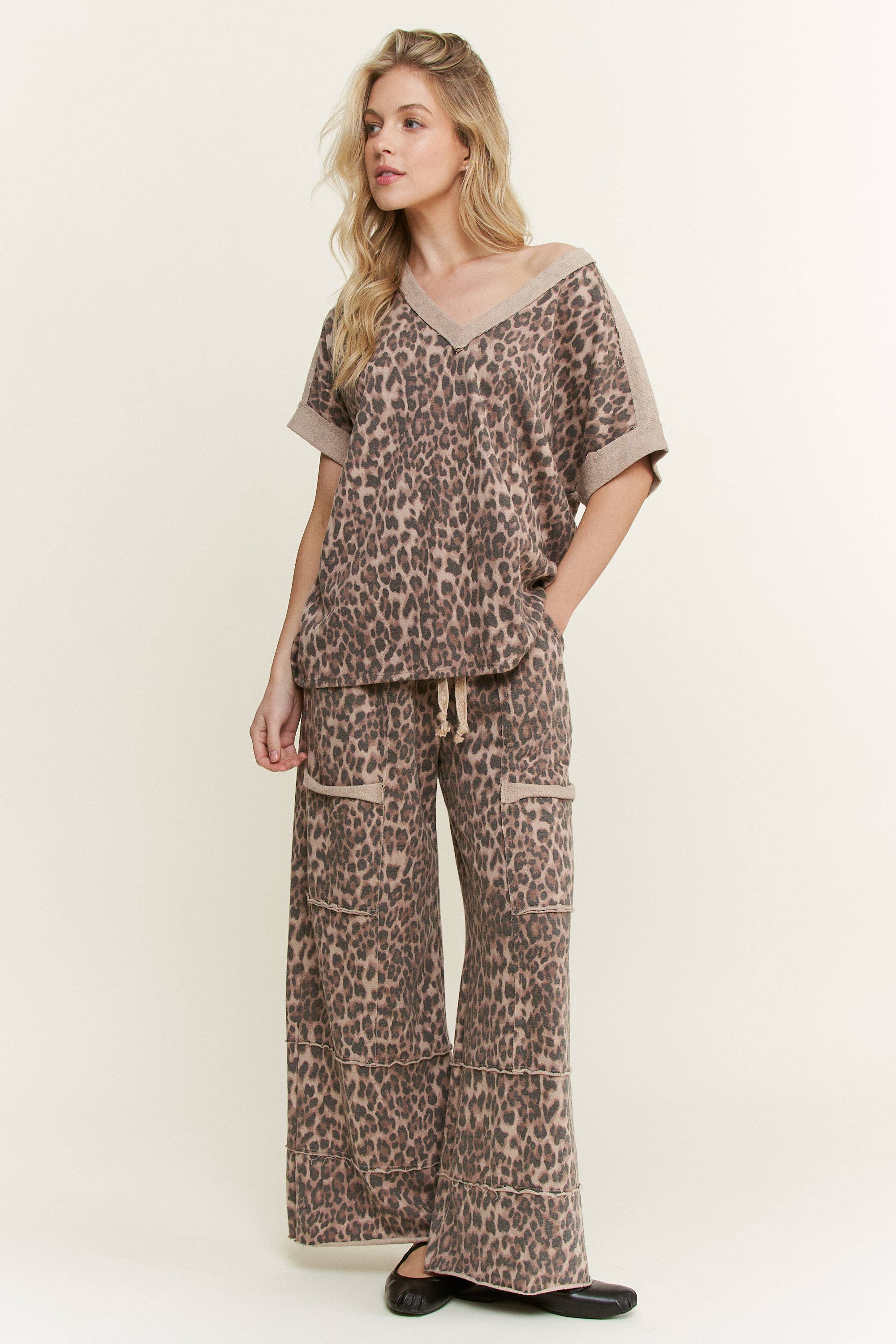 Mineral Washed Leopard Animal Print V-Neck Shirt-Tops-Krush Kandy, Women's Online Fashion Boutique Located in Phoenix, Arizona (Scottsdale Area)