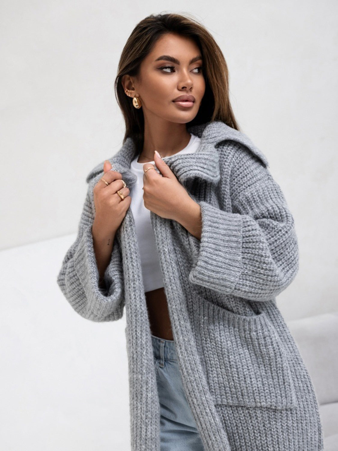 Pocketed Collared Neck Dropped Shoulder Cardigan-Krush Kandy, Women's Online Fashion Boutique Located in Phoenix, Arizona (Scottsdale Area)