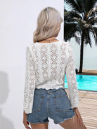 Openwork Drawstring V-Neck Long Sleeve Cover-Up-Tops-Krush Kandy, Women's Online Fashion Boutique Located in Phoenix, Arizona (Scottsdale Area)