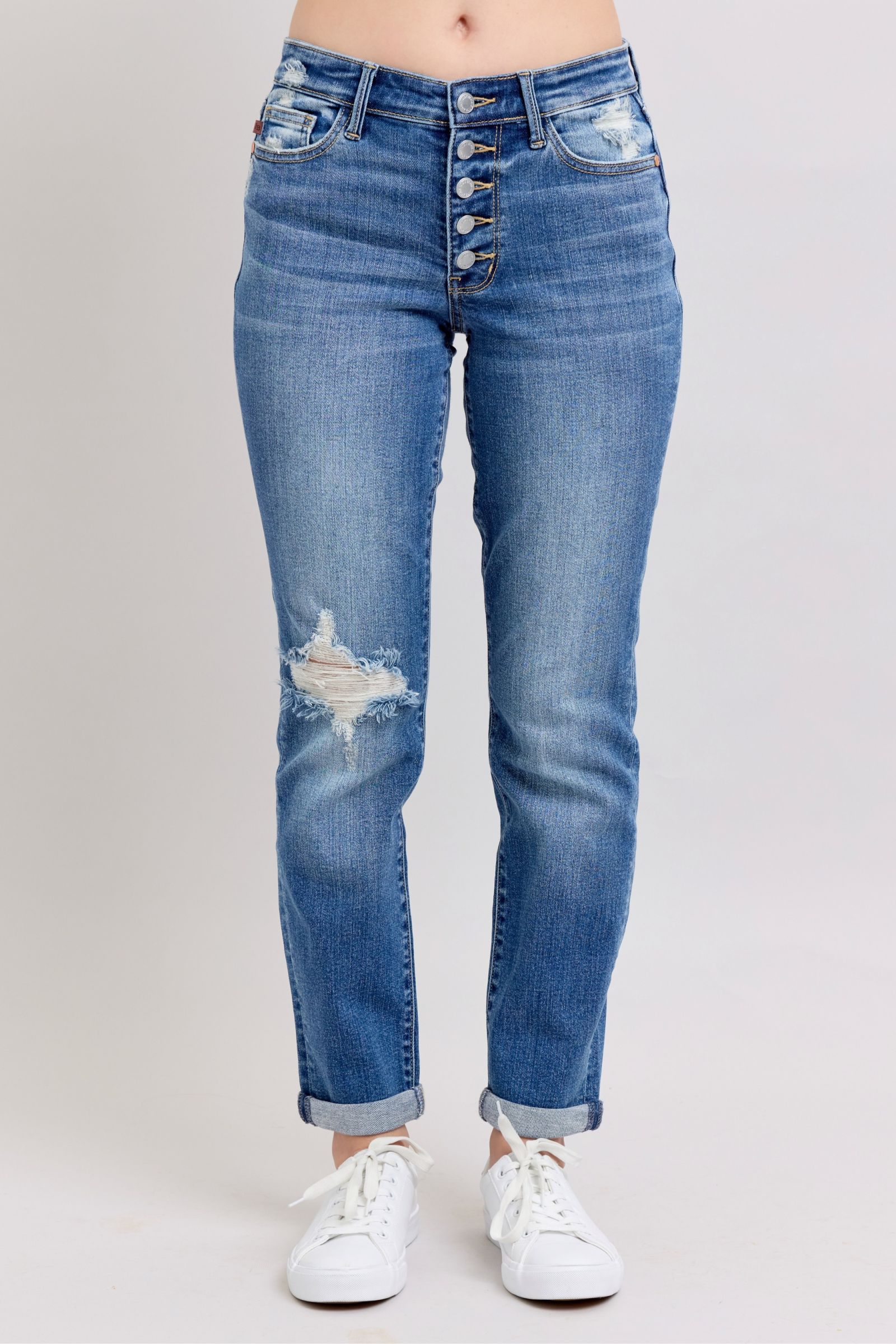 Chic Edge Button Fly Distressed Jeans-Krush Kandy, Women's Online Fashion Boutique Located in Phoenix, Arizona (Scottsdale Area)