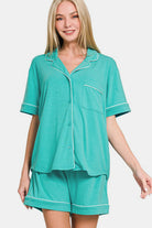 Zenana Button Down Short Sleeve Top and Shorts Lounge Set-Loungewear-Krush Kandy, Women's Online Fashion Boutique Located in Phoenix, Arizona (Scottsdale Area)