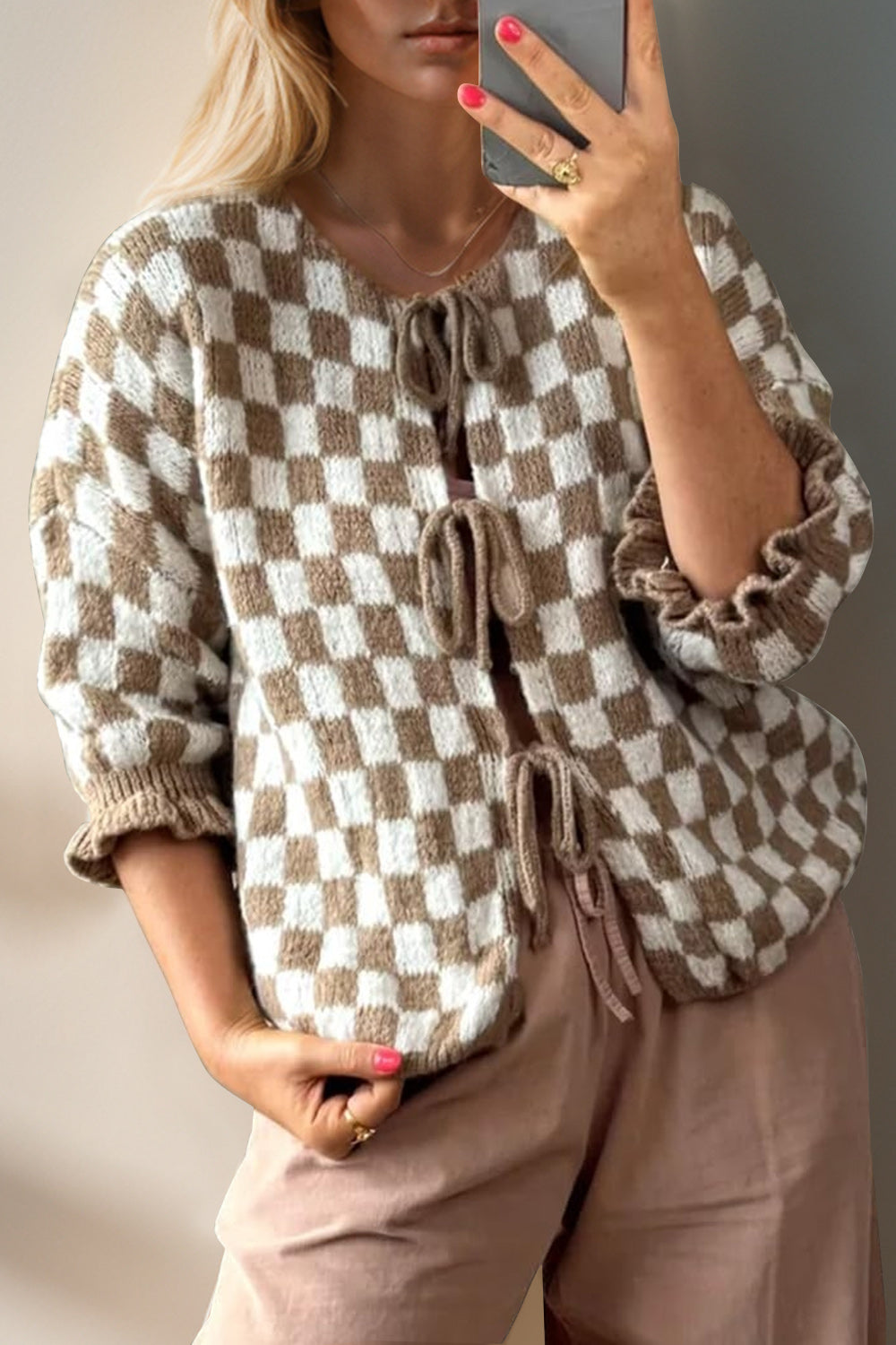 Double Take Tied Checkered Dropped Shoulder Flounce Sleeve Cardigan-Krush Kandy, Women's Online Fashion Boutique Located in Phoenix, Arizona (Scottsdale Area)