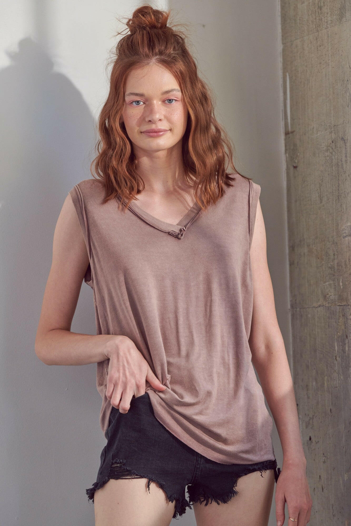 Mineral Washed V neck Sleeveless Top-Jumpsuits & Rompers-Krush Kandy, Women's Online Fashion Boutique Located in Phoenix, Arizona (Scottsdale Area)