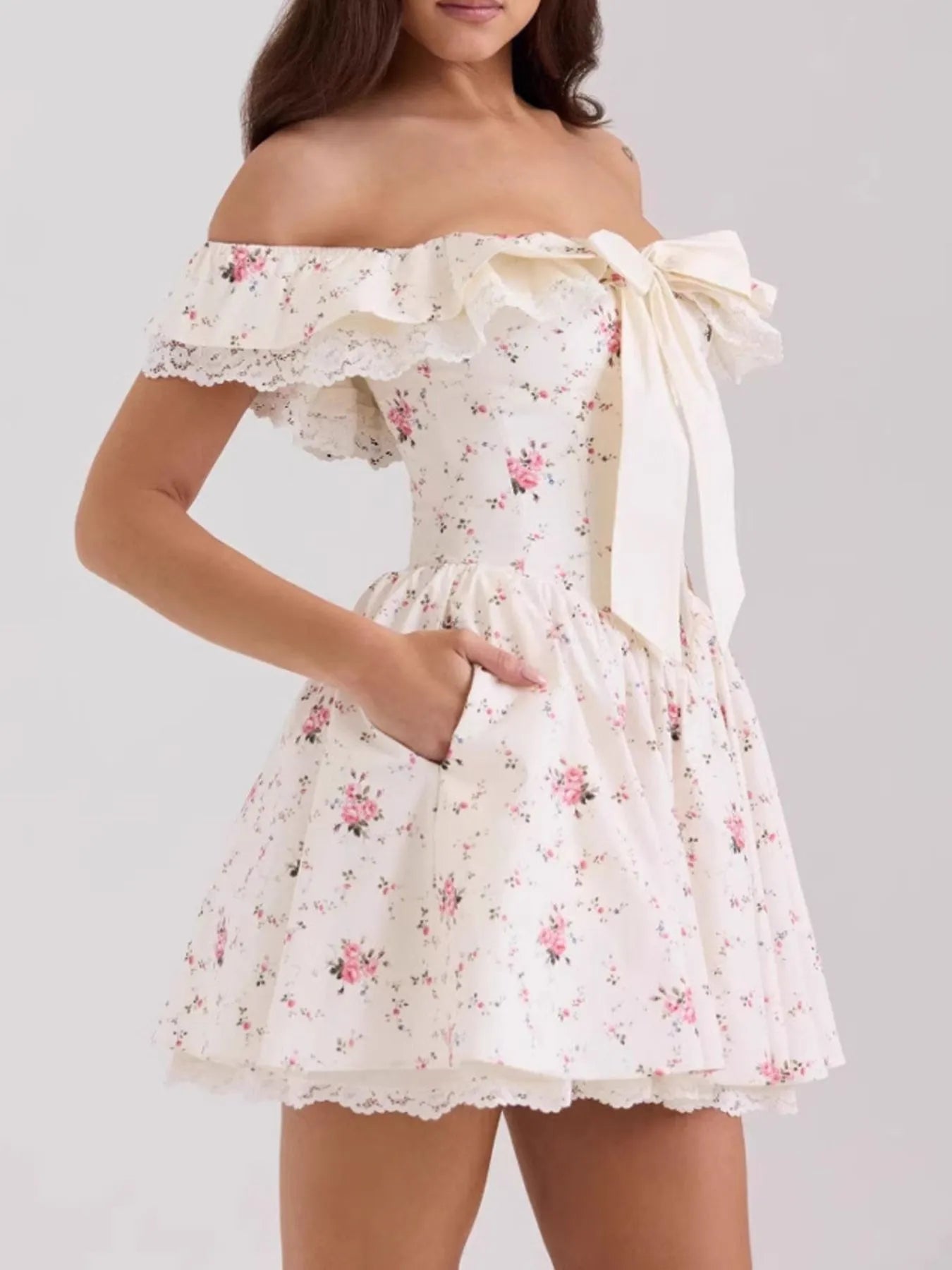 Off-Shoulder Floral Lace Trim Mini Dress-Dresses-Krush Kandy, Women's Online Fashion Boutique Located in Phoenix, Arizona (Scottsdale Area)