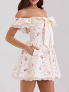 Off-Shoulder Floral Lace Trim Mini Dress-Dresses-Krush Kandy, Women's Online Fashion Boutique Located in Phoenix, Arizona (Scottsdale Area)