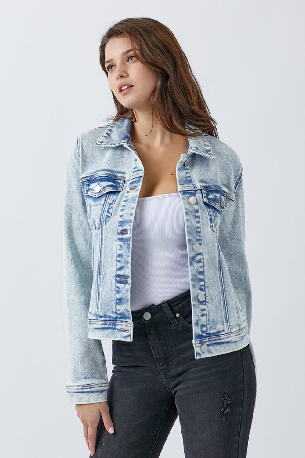 RISEN Button Up Washed Denim Jacket-Jackets-Krush Kandy, Women's Online Fashion Boutique Located in Phoenix, Arizona (Scottsdale Area)