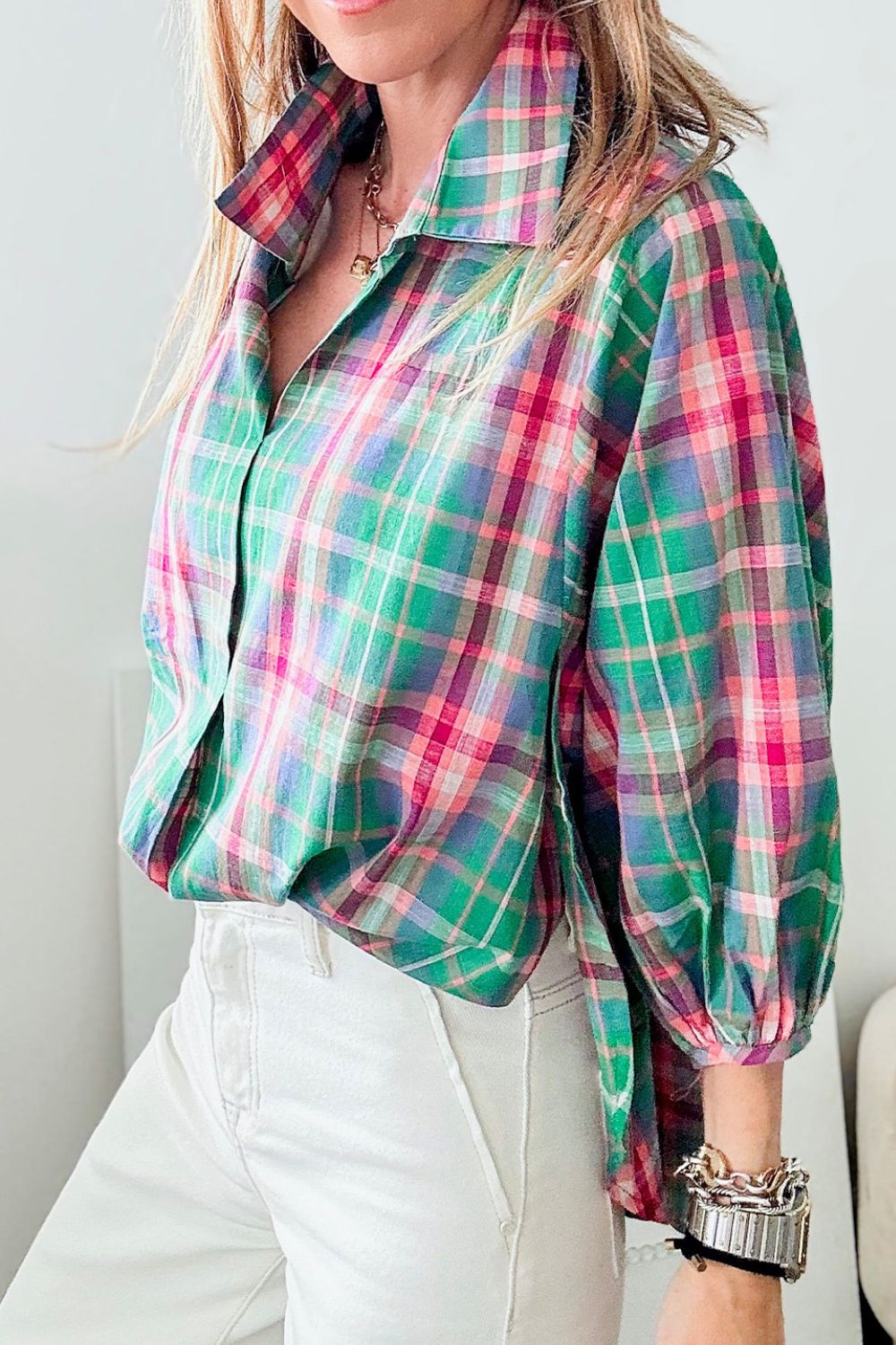 Plaid Collared Neck Three-Quarter Sleeve Shirt-Krush Kandy, Women's Online Fashion Boutique Located in Phoenix, Arizona (Scottsdale Area)