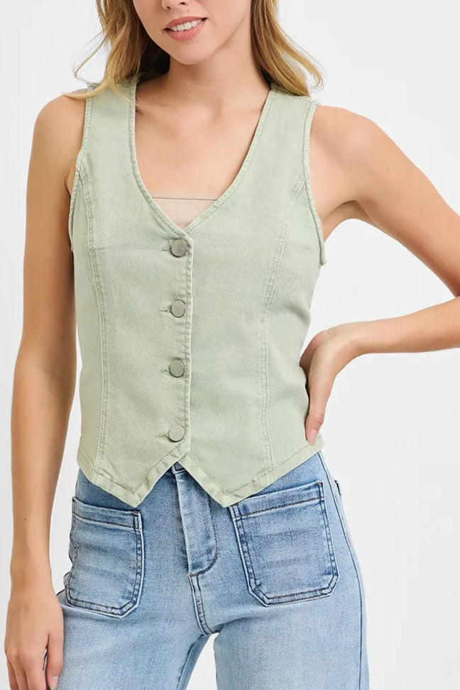 RISEN Full Size V Neck Button Down Vest Plus Size-Vests-Krush Kandy, Women's Online Fashion Boutique Located in Phoenix, Arizona (Scottsdale Area)