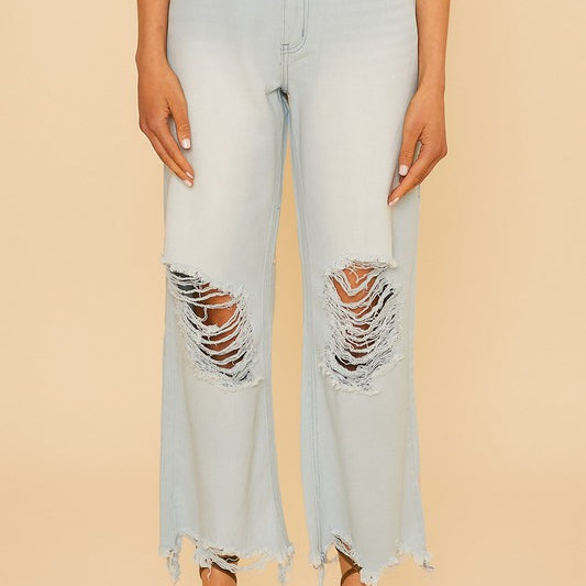 Distressed Light Weight Denim Wide Straight Jeans | S-XL-Jeans-Krush Kandy, Women's Online Fashion Boutique Located in Phoenix, Arizona (Scottsdale Area)