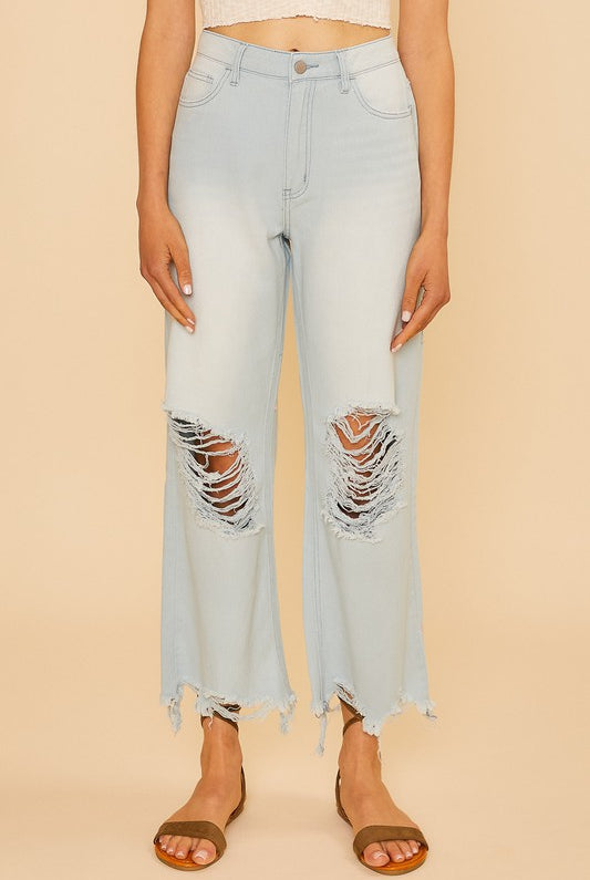 Distressed Light Weight Denim Wide Straight Jeans | S-XL-Jeans-Krush Kandy, Women's Online Fashion Boutique Located in Phoenix, Arizona (Scottsdale Area)