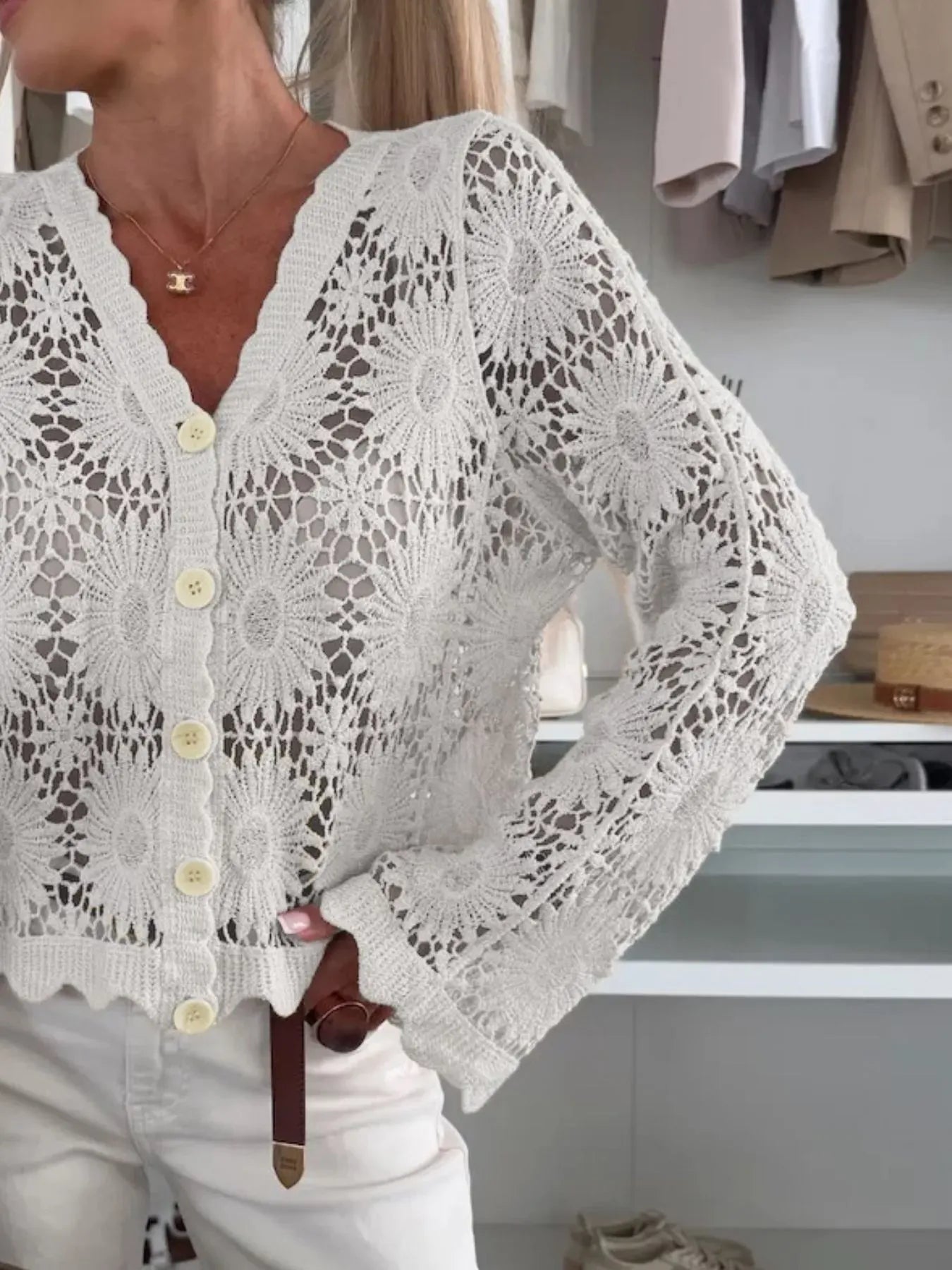Lace V-Neck Button-Up Cardigan-Tops-Krush Kandy, Women's Online Fashion Boutique Located in Phoenix, Arizona (Scottsdale Area)