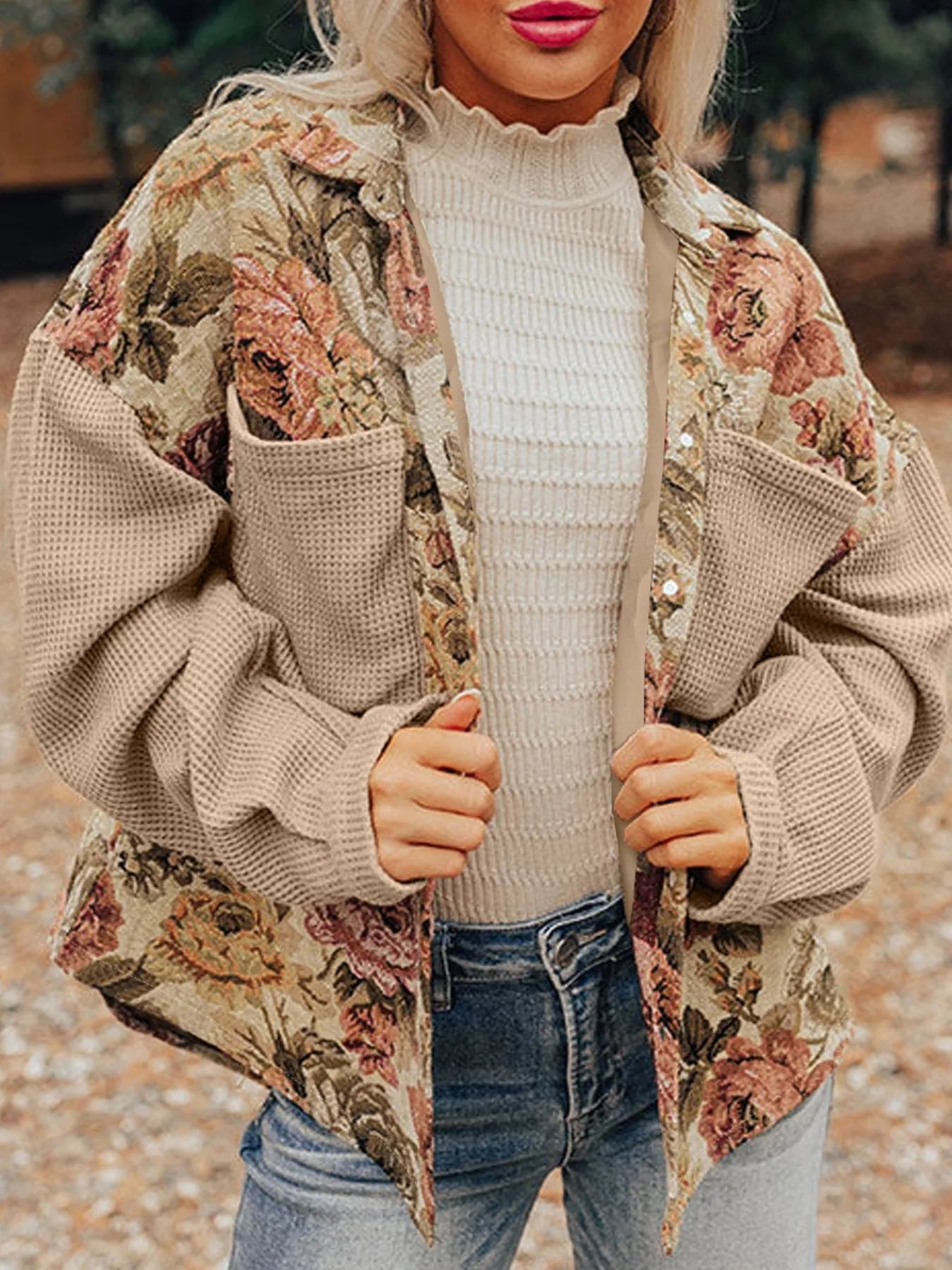 Floral Waffle Knit Patchwork Chest Pockets Buttoned Jacket-Jacket-Krush Kandy, Women's Online Fashion Boutique Located in Phoenix, Arizona (Scottsdale Area)