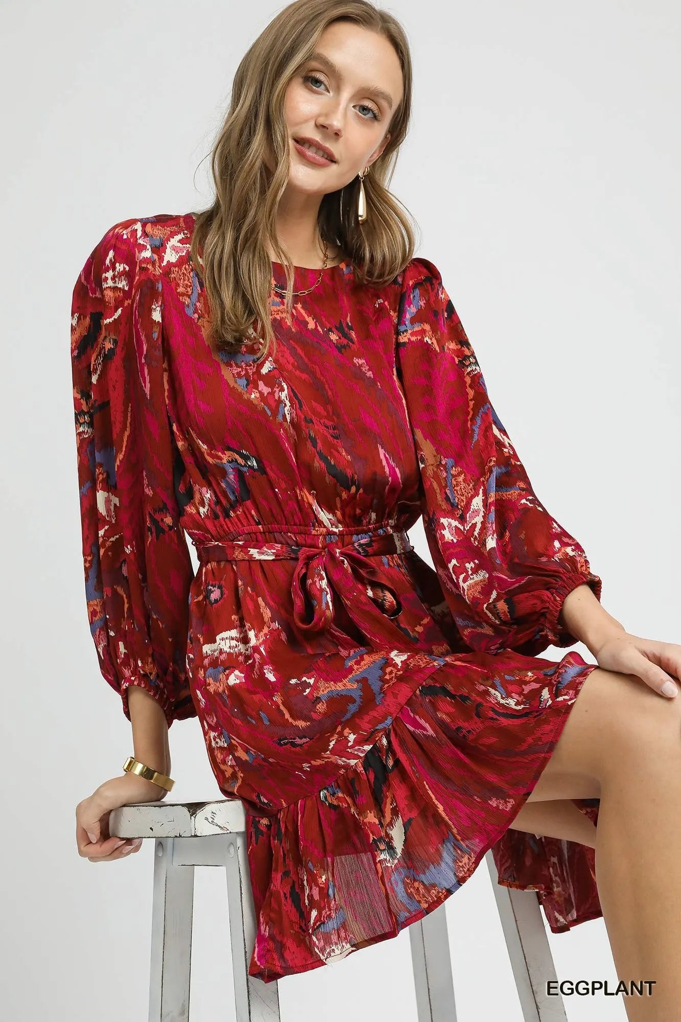 Umgee Ruffled Hem Printed Balloon Sleeve Dress-Dresses-Krush Kandy, Women's Online Fashion Boutique Located in Phoenix, Arizona (Scottsdale Area)