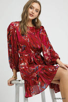 Umgee Ruffled Hem Printed Balloon Sleeve Dress-Dresses-Krush Kandy, Women's Online Fashion Boutique Located in Phoenix, Arizona (Scottsdale Area)