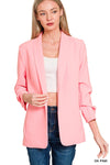 Woven 3/4 Ruched Sleeve Open Front Classic Blazer