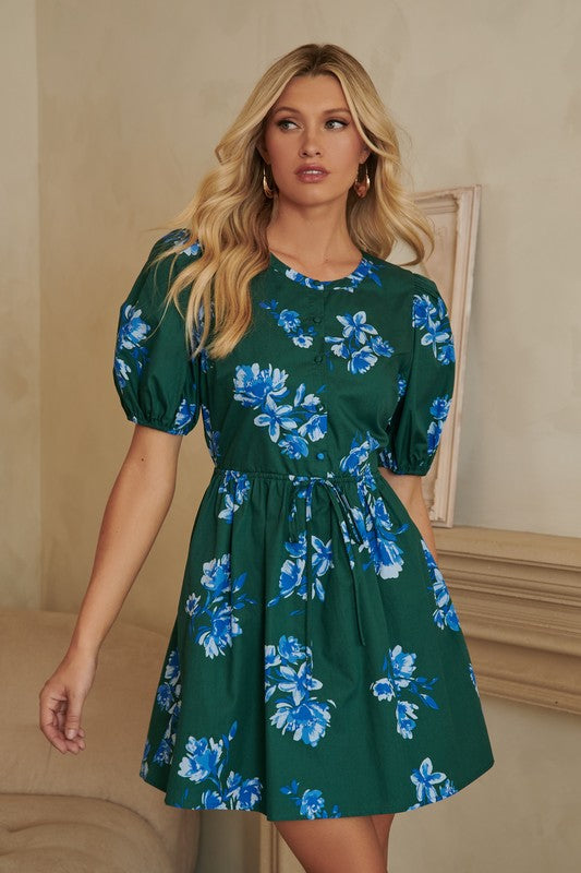 Spokane Floral Alba Puff Sleeve Mini Dress-Dresses-Krush Kandy, Women's Online Fashion Boutique Located in Phoenix, Arizona (Scottsdale Area)