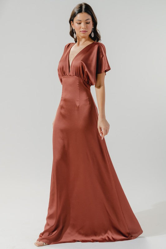 Darling Flutter Sleeve Cut Out Satin Maxi Dress-Dresses-Krush Kandy, Women's Online Fashion Boutique Located in Phoenix, Arizona (Scottsdale Area)
