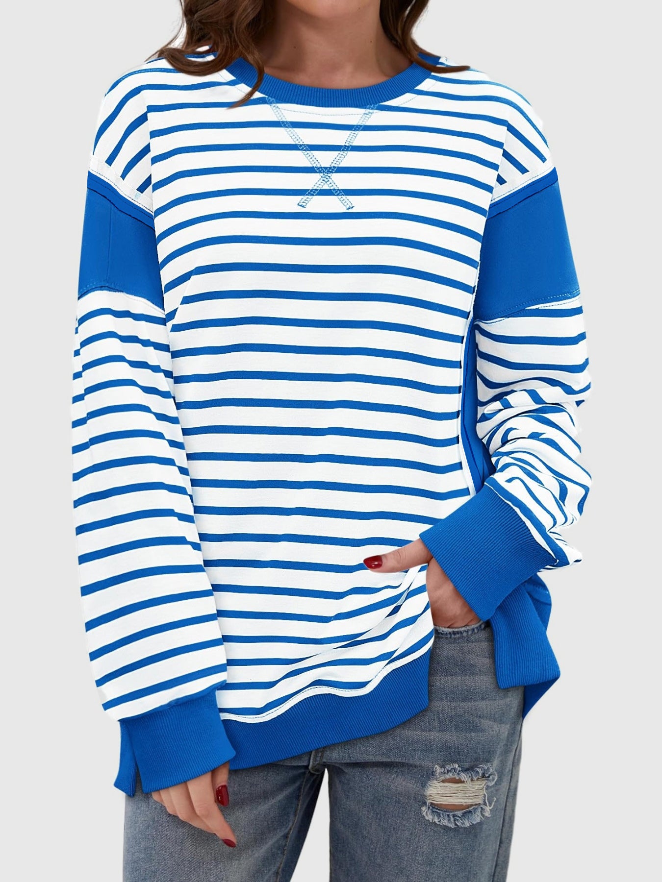 Slit Exposed Seam Striped Long Sleeve Sweatshirt-Sweaters-Krush Kandy, Women's Online Fashion Boutique Located in Phoenix, Arizona (Scottsdale Area)