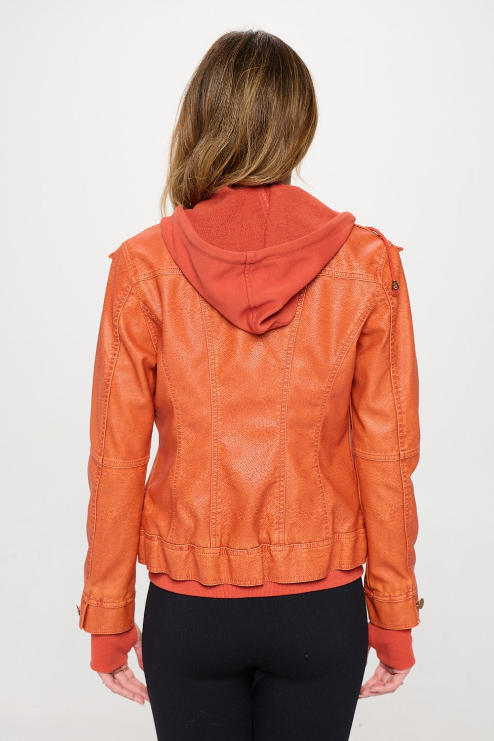 Pumpkin Spice Hooded Vegan Leather Moto Jacket with Thumbholes-Jackets-Krush Kandy, Women's Online Fashion Boutique Located in Phoenix, Arizona (Scottsdale Area)