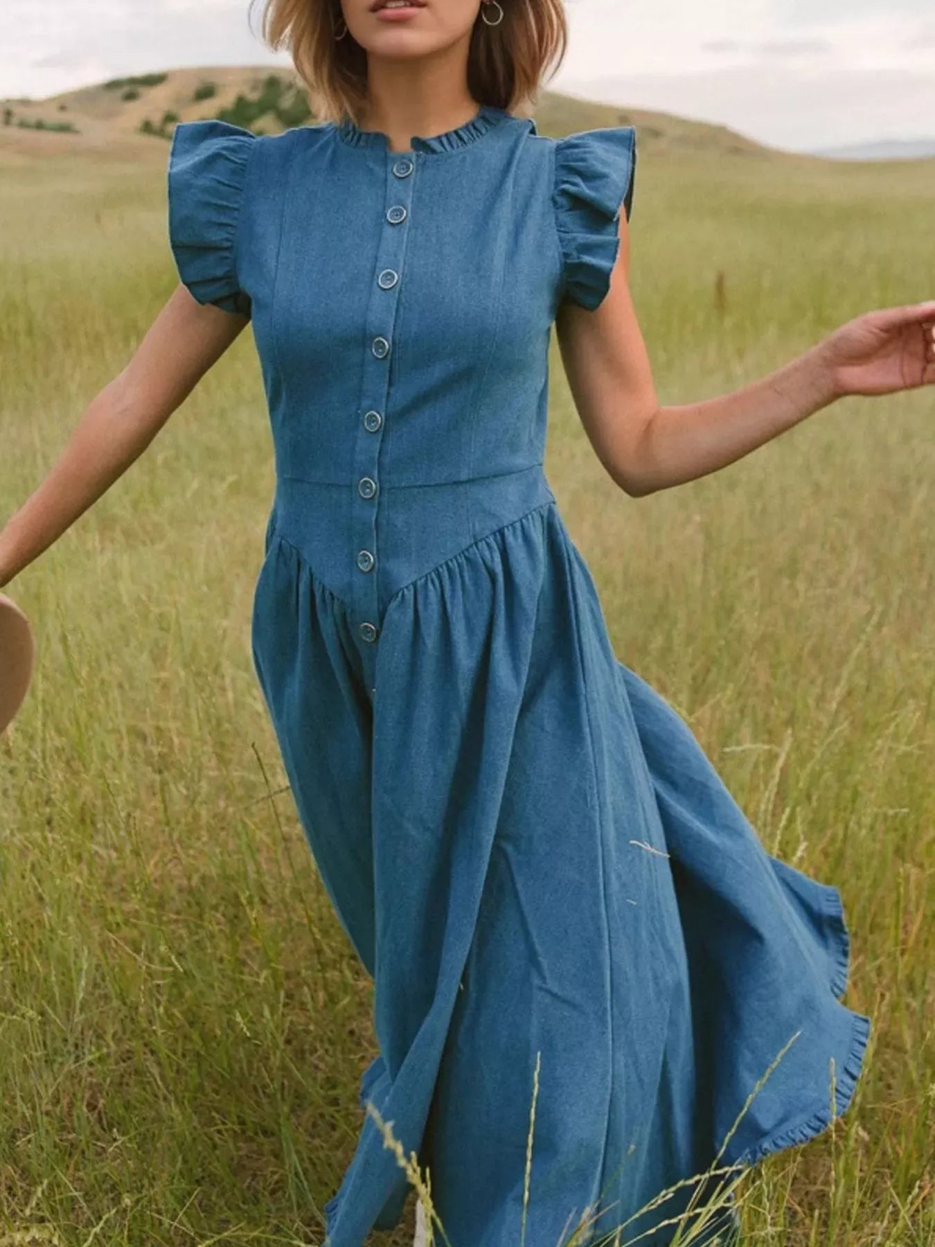 Ruffled Cap Sleeve Denim Dress Navy Blue / XL