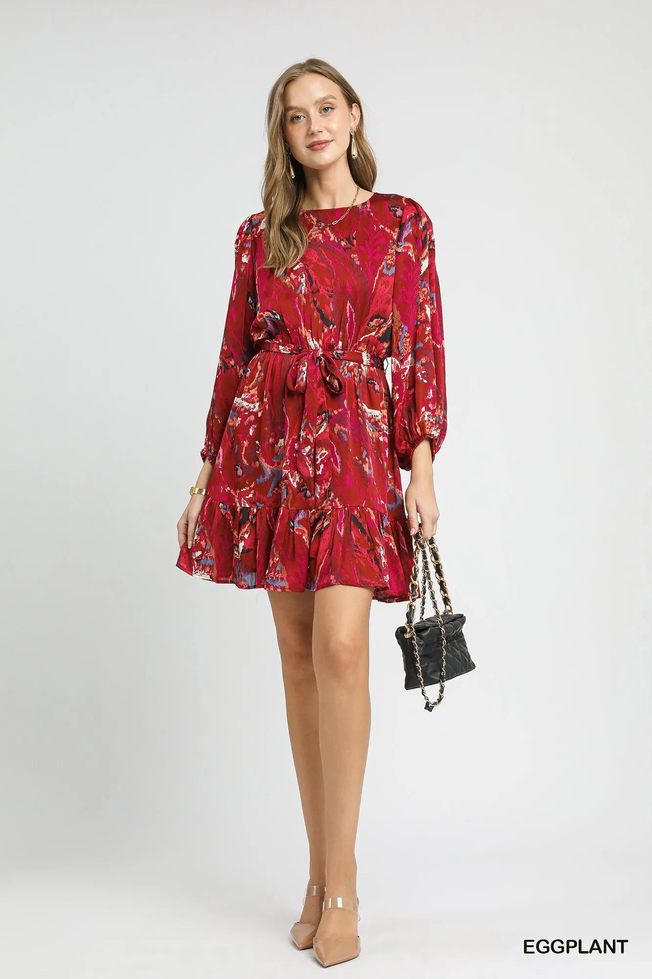 Umgee Ruffled Hem Printed Balloon Sleeve Dress-Dresses-Krush Kandy, Women's Online Fashion Boutique Located in Phoenix, Arizona (Scottsdale Area)