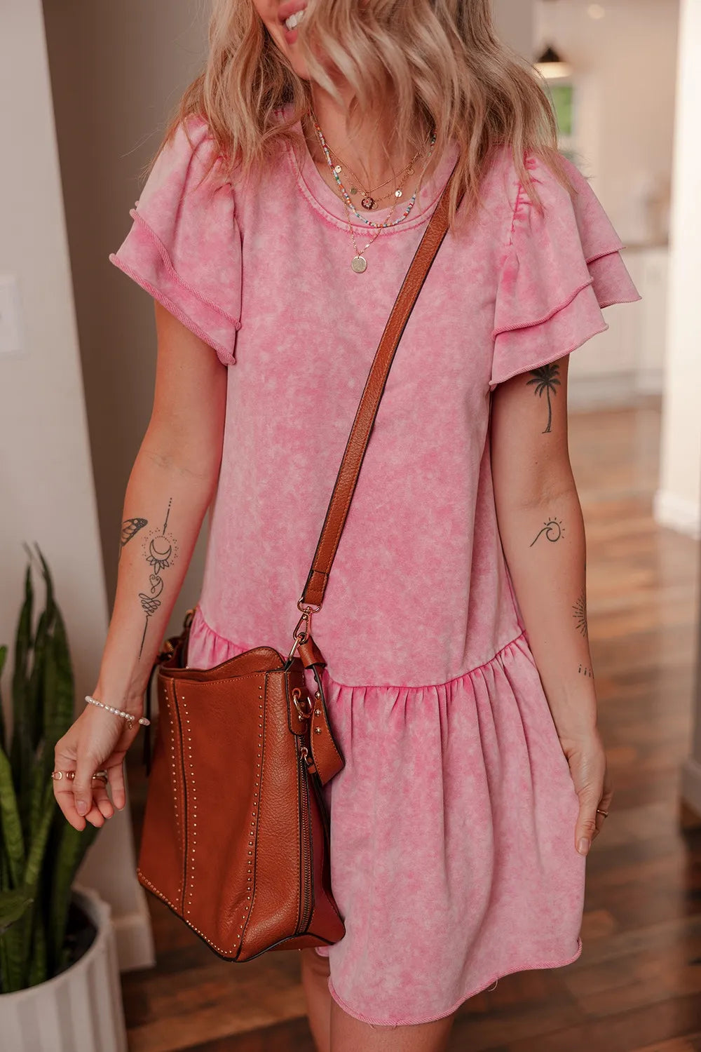 Mineral Wash Raw Edge Ruffle Mini Dress-Dresses-Krush Kandy, Women's Online Fashion Boutique Located in Phoenix, Arizona (Scottsdale Area)