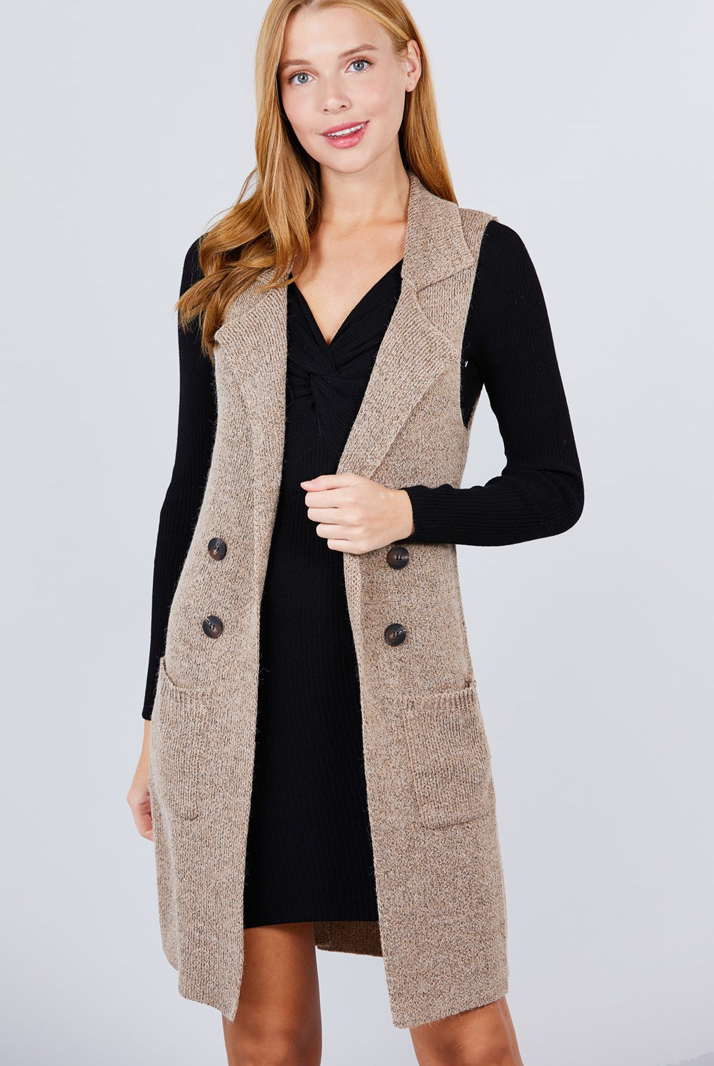 Long Sleeveless Notched Collar Sweater Vest-Vests-Krush Kandy, Women's Online Fashion Boutique Located in Phoenix, Arizona (Scottsdale Area)
