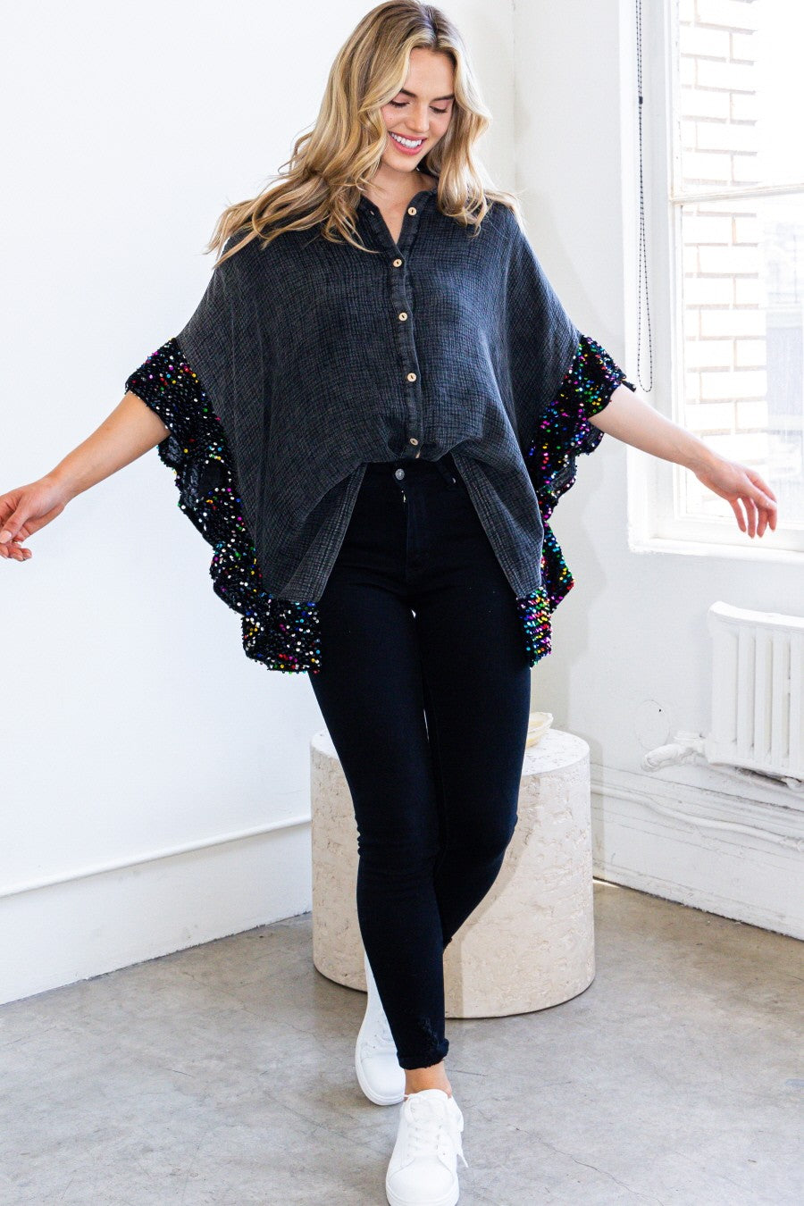 Washed Button Up Oversized Blouse with Sequin Ruffle Sleeves-Tops-Krush Kandy, Women's Online Fashion Boutique Located in Phoenix, Arizona (Scottsdale Area)