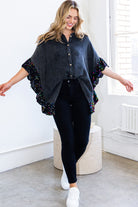Washed Button Up Oversized Blouse with Sequin Ruffle Sleeves-Tops-Krush Kandy, Women's Online Fashion Boutique Located in Phoenix, Arizona (Scottsdale Area)