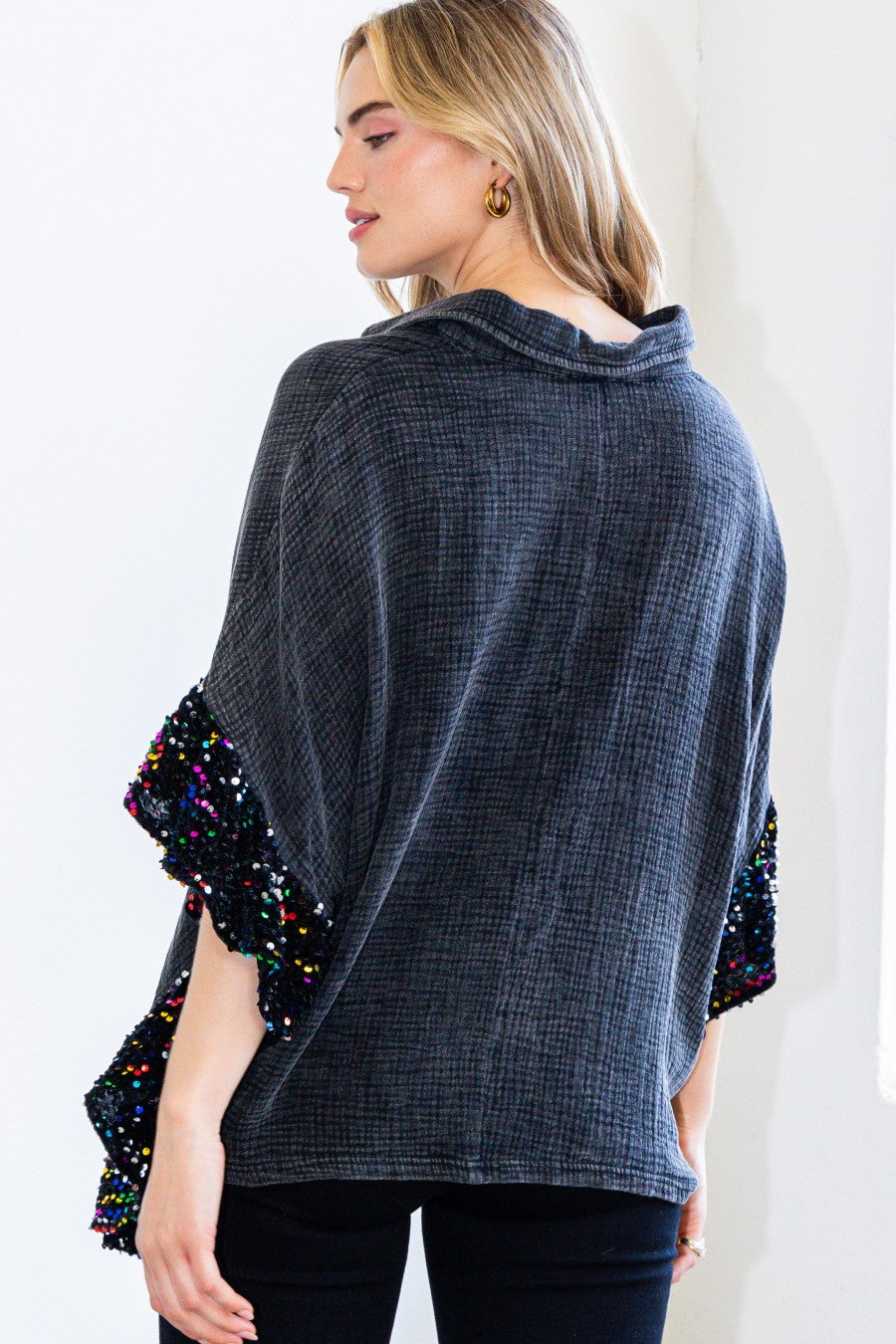 Washed Button Up Oversized Blouse with Sequin Ruffle Sleeves-Tops-Krush Kandy, Women's Online Fashion Boutique Located in Phoenix, Arizona (Scottsdale Area)