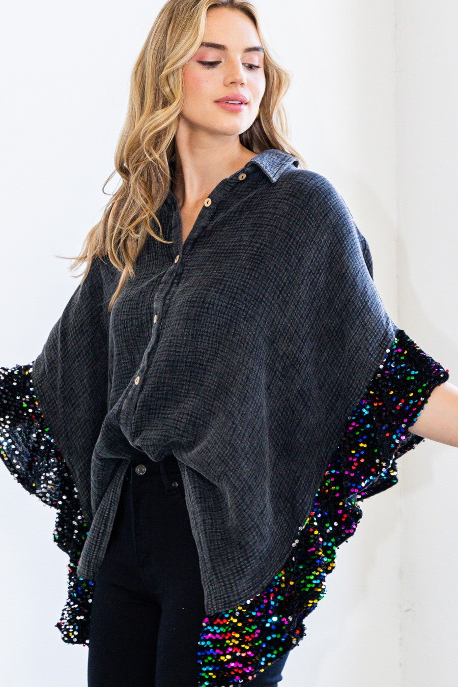 Washed Button Up Oversized Blouse with Sequin Ruffle Sleeves-Tops-Krush Kandy, Women's Online Fashion Boutique Located in Phoenix, Arizona (Scottsdale Area)