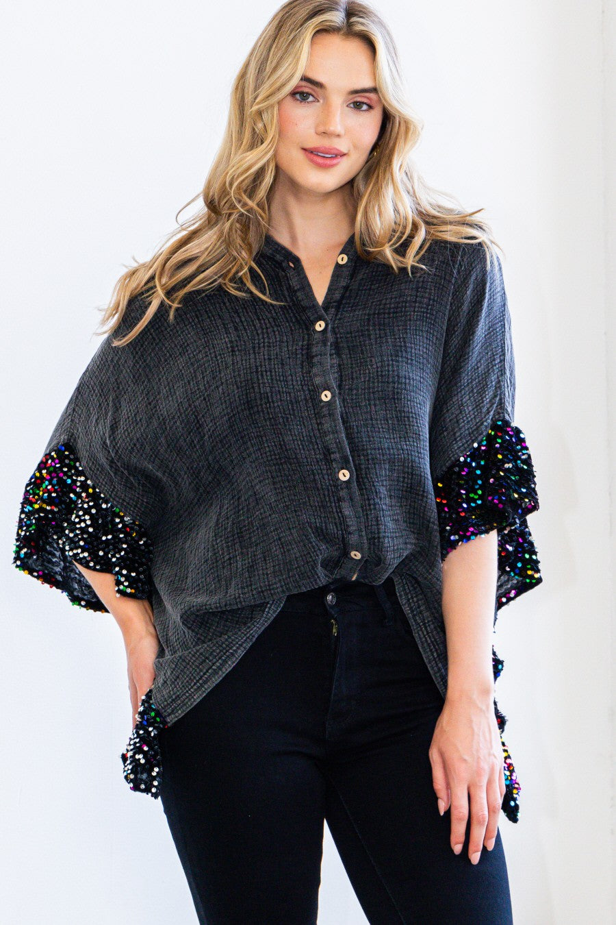 Washed Button Up Oversized Blouse with Sequin Ruffle Sleeves-Tops-Krush Kandy, Women's Online Fashion Boutique Located in Phoenix, Arizona (Scottsdale Area)