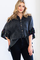 Washed Button Up Oversized Blouse with Sequin Ruffle Sleeves-Tops-Krush Kandy, Women's Online Fashion Boutique Located in Phoenix, Arizona (Scottsdale Area)