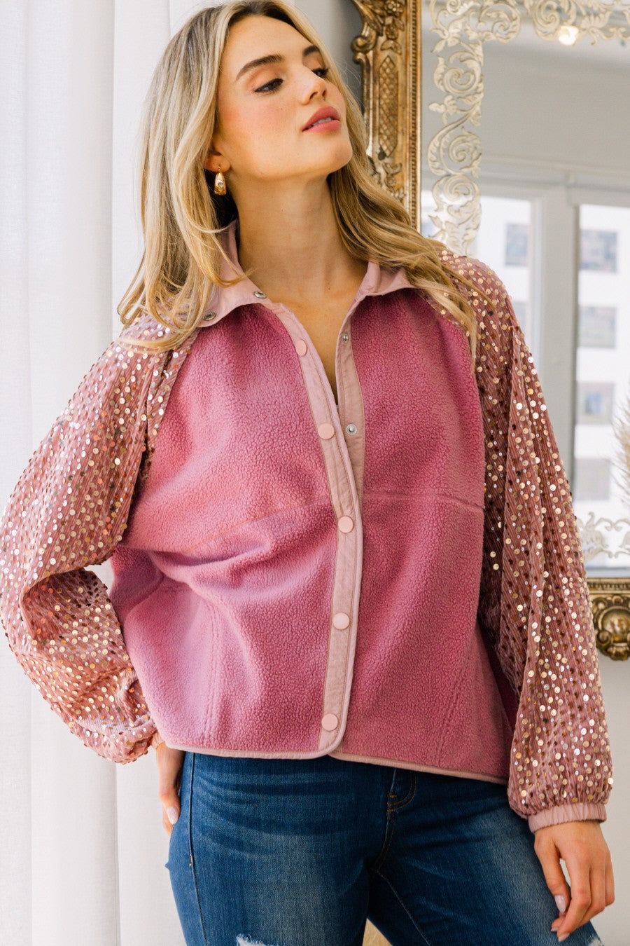 Pink Fleece Jacket with Sequin Long Sleeves & Snap Button Closure-Jackets-Krush Kandy, Women's Online Fashion Boutique Located in Phoenix, Arizona (Scottsdale Area)